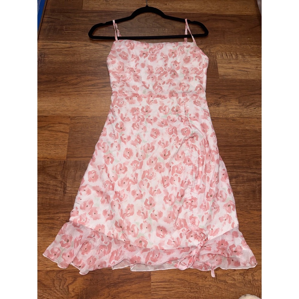 Pink Floral Ruffle Hem Midi Dress Adjustable Straps Smocked Back Small